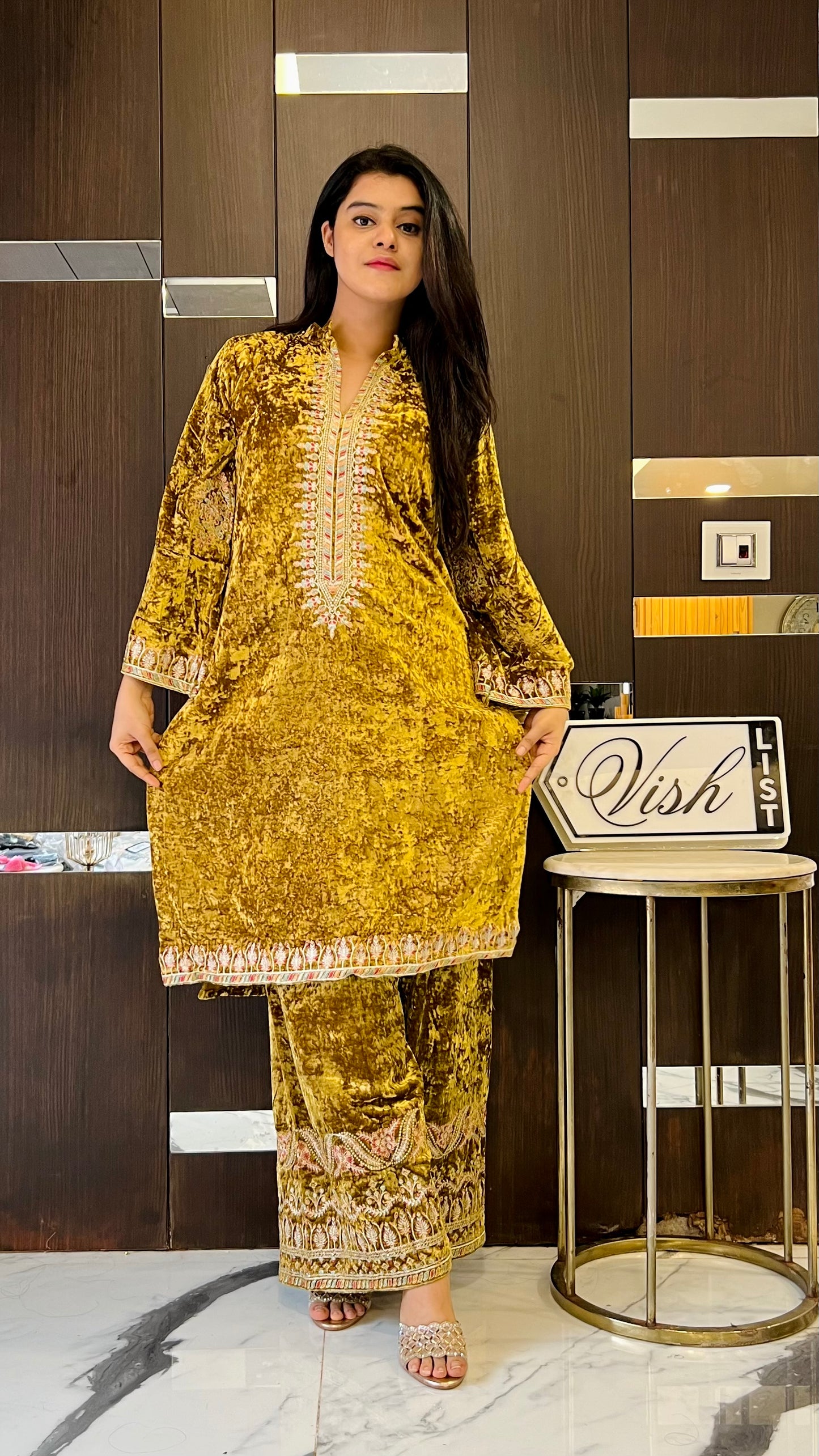 Hira Pakistani Crushed Velvet Suit 14 (Mustard)