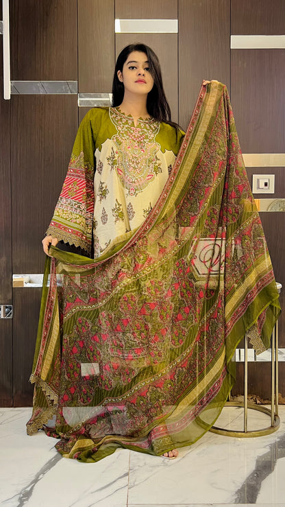 Dananeer Pakistani Lawn Set 02 (Mehendi Green)