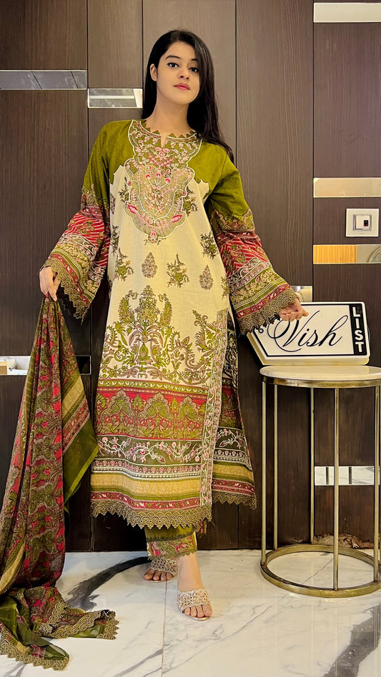 Dananeer Pakistani Lawn Set 02 (Mehendi Green)