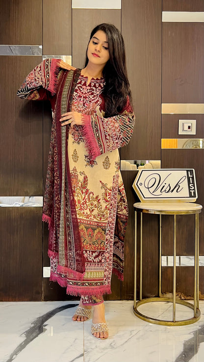 Dananeer Pakistani Lawn Set 01 (Burgundy)