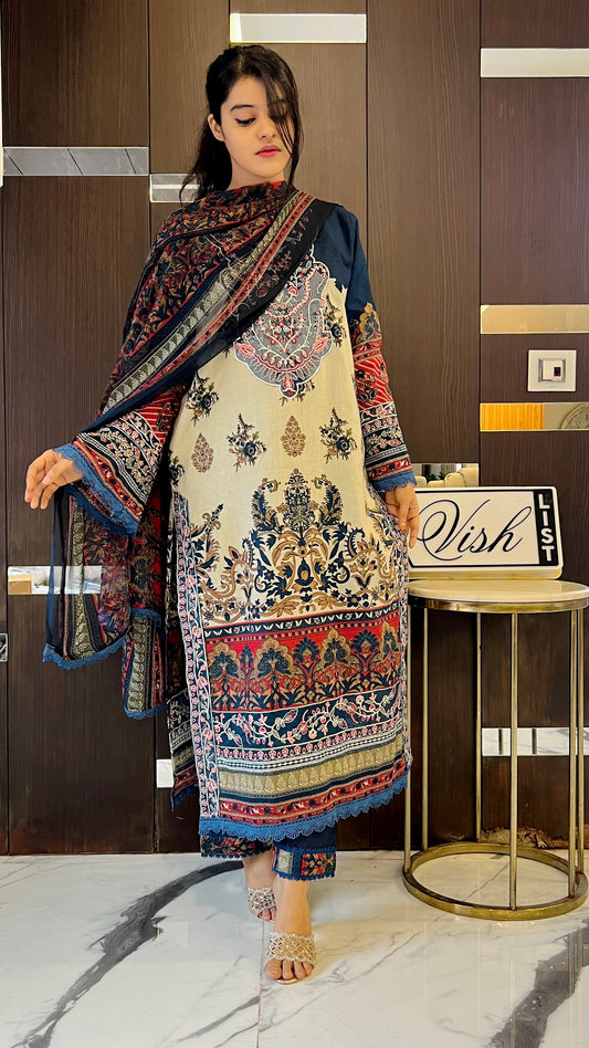Dananeer Pakistani Lawn Set 03 (Navy Blue)