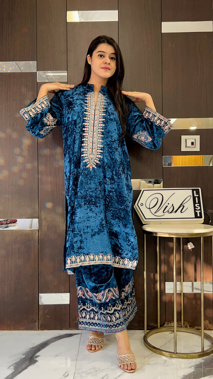 Hira Pakistani Crushed Velvet Suit 15 (Blue)