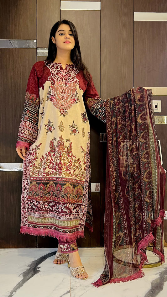 Dananeer Pakistani Lawn Set 01 (Burgundy)
